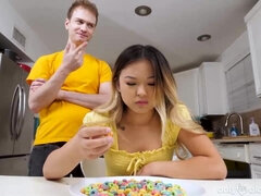 Pretty 18yo Asian Lulu Chu Banged by Stepbrother in the kitchen - cum in mouth