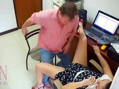 Boss lady dominates employee in office, making him lick her pussy on camera!