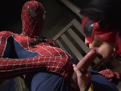 Spider-man lets the slutty heroine take care of his bulge