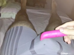 Solo masturbation with two vibrators at the same time, cumming through underwear