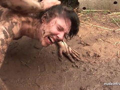 Nude mud wrestling and anal sex punishment outdoors