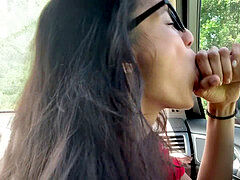 HORNY ASIAN COLLEGE teen blow AND ride DILDO IN CAR