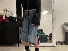 Wide leg flared palazzo jeans sissy in black jacket masturbating and waiting for mistress to suck cock and BDSM