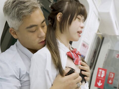 Asian girl in a schoolgirl outfit is fucked on the train