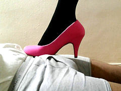 Shoejob teasing in black pantyhose & pinkish high-heeled slippers