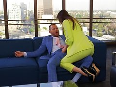 Man fucks skinny assistant and busty business partner in office