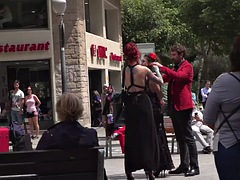 Slutty babe is trapped in a public place by dominating bdsm friends