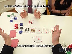 Lilly Bella's pierced nipples get pounded during a poker game while her cuckold husband watches in POV