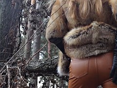 Outdoor sex with a redhead teen in a winter forest. Risky public fucking