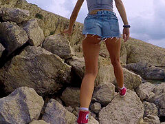 gorgeous honey in jeans shorts & converse sneakers fucked on public beach