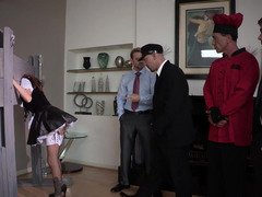 A sexy maid is getting fucked by several men in the mansion today