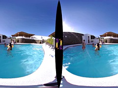 Topless models in the pool