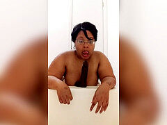 Black chubby female stashes in bathroom to ride her big black dildo