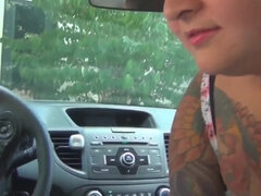 amateur POV blowjob by busty fatty outdoors in the car