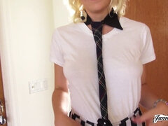 Marilyn Moore, the blonde schoolgirl, flaunts her perfect natural tits in short shorts POV