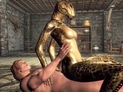 Interspecies encounter: Female Argonian indulges in forbidden pleasures with a guard!