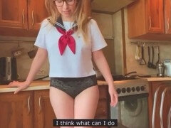 Girl in Japanese school uniform masturbates and reaches orgasm in the kitchen while cosplaying
