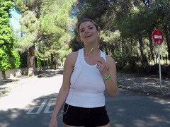 Jogging blonde whore with big natural knockers needs a big pecker