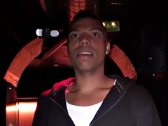 Blindfolded guy in a cage fucks black ass in a gay club