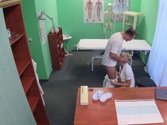 Glamorous blonde nurse with natural boobs gets screwed on the table