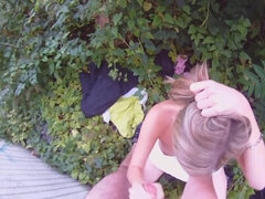Slutty blonde is giving head and pussy in the garden