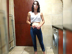 Smoking female needs to piss desperately - peeing in denim