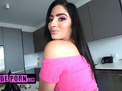 Curvy Latina Jasmine Vega Lifts Her Mini Dress And Slips Her BFs Cock Deep Inside Her
