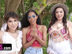 Sexy Exotic Vixens Get Their Tight Pussies Fucked By Big White Cock After Beach Festival - foursome with sexy brunette babes