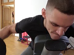 Sexy Spanish brunette covered in cum after workout fucking