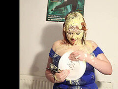 plumper gets pied numerous times in taut blue dress