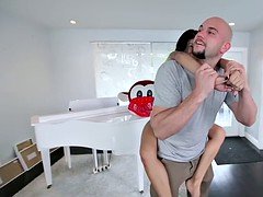 Sadie Pops shaved pussy fuck upside down by a big cock