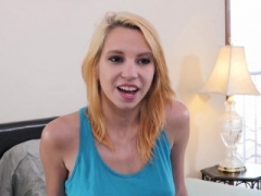 Blonde teenage rubs pussy in single interview