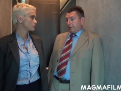 Busty office slut fucked in an elevator