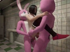 Bunny costume babe enjoys fmm anal play