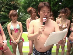 Bunch of Japanese young girls in sexy bikinis have some fun outside