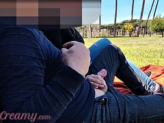 French teacher amateur handjob in public park to student with cumshot - MissCreamy