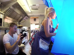A blonde is in the mobile kitchen, getting fucked positively hard