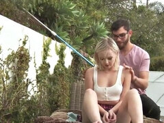 Young petite blonde is stretched out by the pool boy