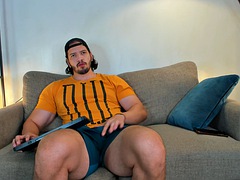 Bigger guy touches him, giant legs, thick and horny webcam show, might end up with cum, big balls, big hands, big lips