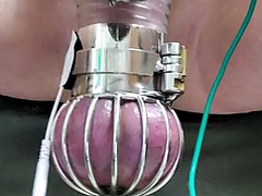 Locktober cum from cbt estim in chastity and ball cage