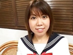 Ai Kazumi in school uniform blows off cock and gets banana in cunt