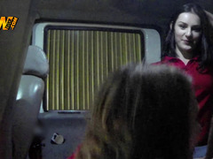 Two sexy girls get their clothes off in the van and they fuck hard