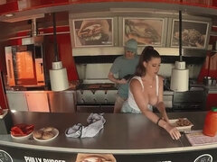 Lady Lyne sucks hard cock in the kitchen and gets fucked