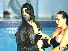 Rachel Starr romping the stud in the pool like a superhero