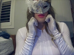 Shy masked girl in white Pt4! A seductive masked beauty reveals her carnival mask while indulging in a thrilling threesome