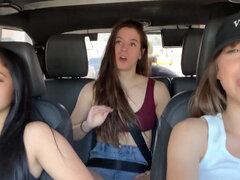 Riley Reid, Abbie Maley and Ryan ride topless in the car