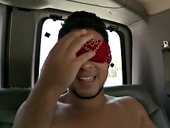 Blindfolded dude str8 sucks cock to bald gay in a van