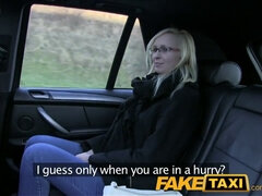 Blonde with glasses gets talked into a hot POV sex tape in a fake taxi