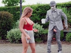 Alessandra Jane checks sexual potential of living statue outdoors