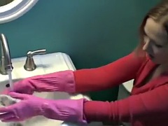 Chubby girl sucks cock with rubber gloves